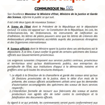 RDC: Le ministre de la justice dote l’État de deux nouveaux types de sceaux ( communiqué officiel).