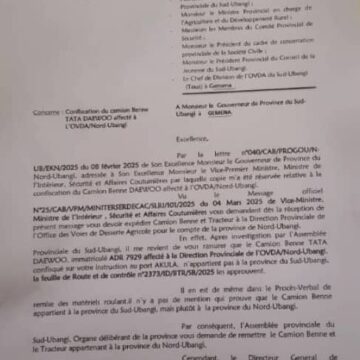 Provinces : «l’Assemblée provinciale du Sud-Ubangi demande au gouverneur Miché Mobonga de restituer les engins roulants du Nord-Ubangi» (correspondance) !