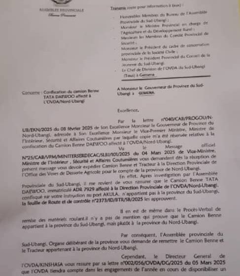 Provinces : «l’Assemblée provinciale du Sud-Ubangi demande au gouverneur Miché Mobonga de restituer les engins roulants du Nord-Ubangi» (correspondance) !