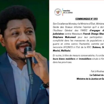 RDC : « Constant Mutamba lance des Poursuites judiciaires contre Franck Diongo Shamba et Joseph Stéphane Mukumadi et ordonne la saisie de leurs biens mobiliers et immobiliers » (communiqué)