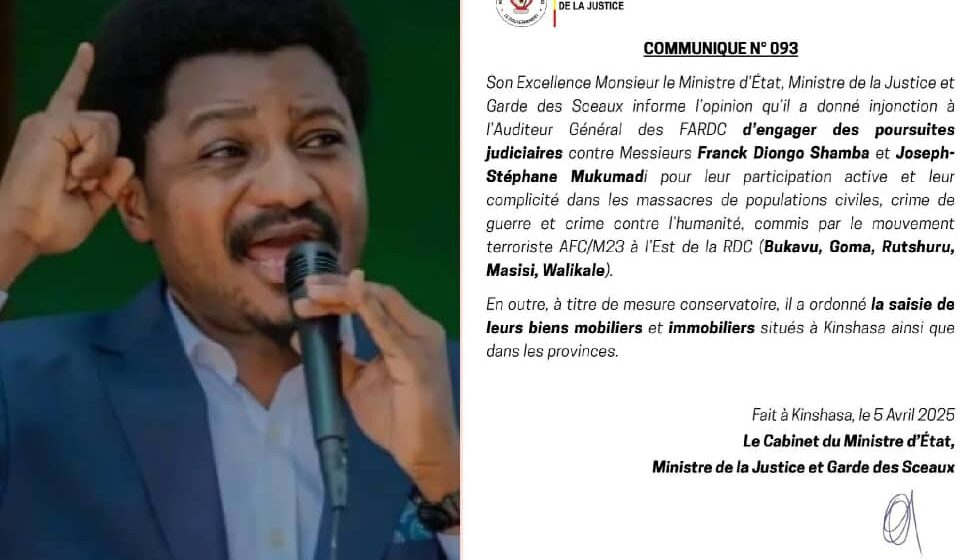 RDC : « Constant Mutamba lance des Poursuites judiciaires contre Franck Diongo Shamba et Joseph Stéphane Mukumadi et ordonne la saisie de leurs biens mobiliers et immobiliers » (communiqué)