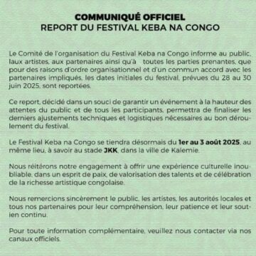 Kalemie : Initialement prévu du 28 au 30 Juin courant, le «Festival Keba na Congo» est reporté au début août 2025 ! Les raisons ici