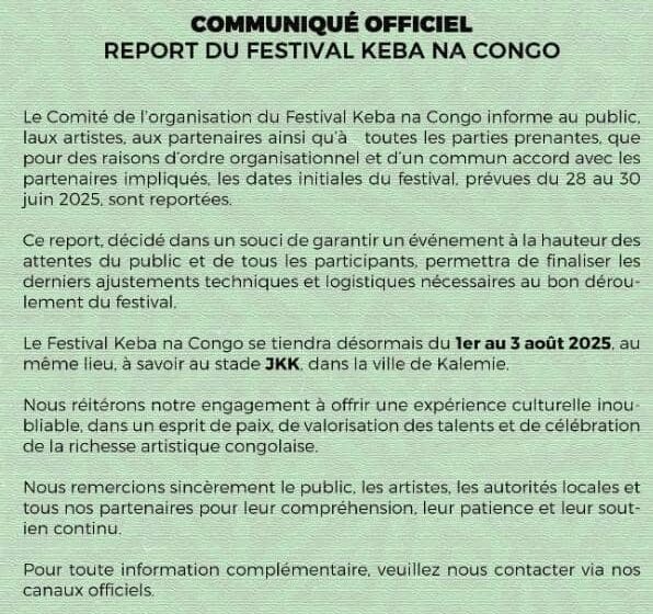 Kalemie : Initialement prévu du 28 au 30 Juin courant, le «Festival Keba na Congo» est reporté au début août 2025 ! Les raisons ici